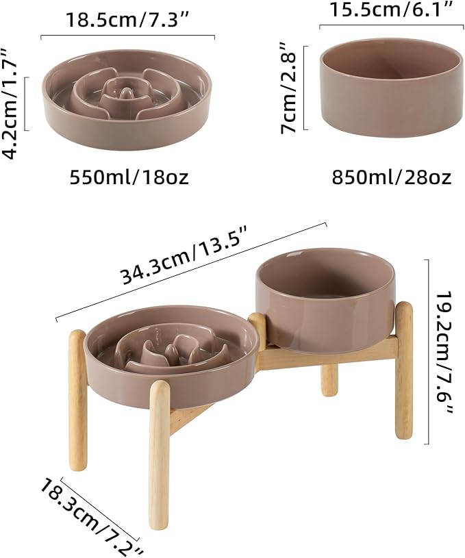 Ceramic Raised Slow Feeder Dog Bowl Set, Elevated 6.1inch Bowl and 7.3inch Puzzle Slow Food Dish with Wooden Stand for Small and Medium Dog, Anti-Gulping (2X Brown Coffee+ Stand)