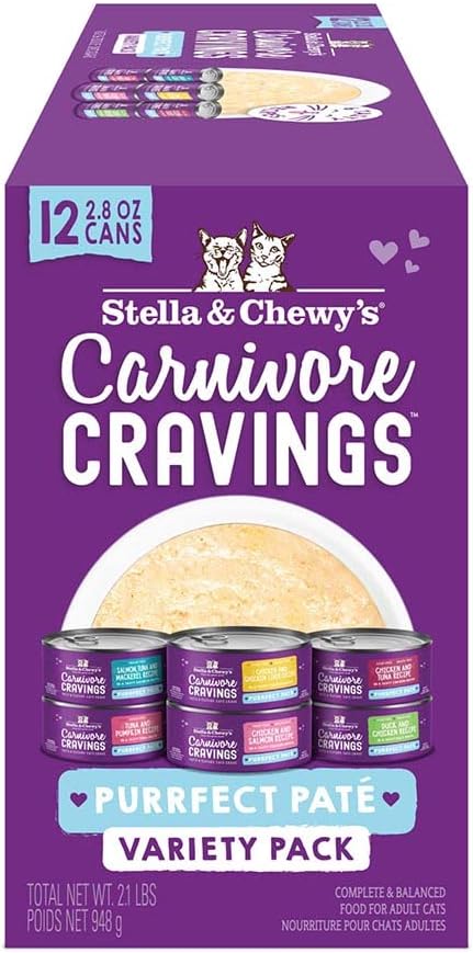 Stella & Chewy's Carnivore Cravings Purrfect Paté - Premium Grain-Free Wet Cat Food - 6 Flavor Variety Pack - High Protein with Bone Broth - Perfect for Picky Eaters - 2.8oz Cans (12 Pack)