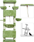 Cat Tree for Indoor Cats Large Adult, 74" Cat Tower with 3 Big Platforms, 2 Baskets, 2 Condos, Multi-Level Cat Scratching Posts, Green GCT030GR
