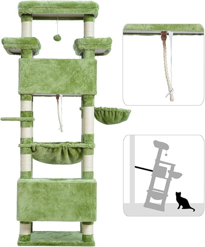 Cat Tree for Indoor Cats Large Adult, 74" Cat Tower with 3 Big Platforms, 2 Baskets, 2 Condos, Multi-Level Cat Scratching Posts, Green GCT030GR