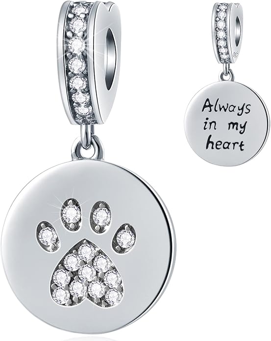 GEMDAZZ Sparkling Puppy Paw Print Charms in 925 Sterling Silver, Pave Dog Pawprint CZ Round Beads and Always in My Heart Charms, Gift for Animal Lover, fit European Women Bracelet/Necklace