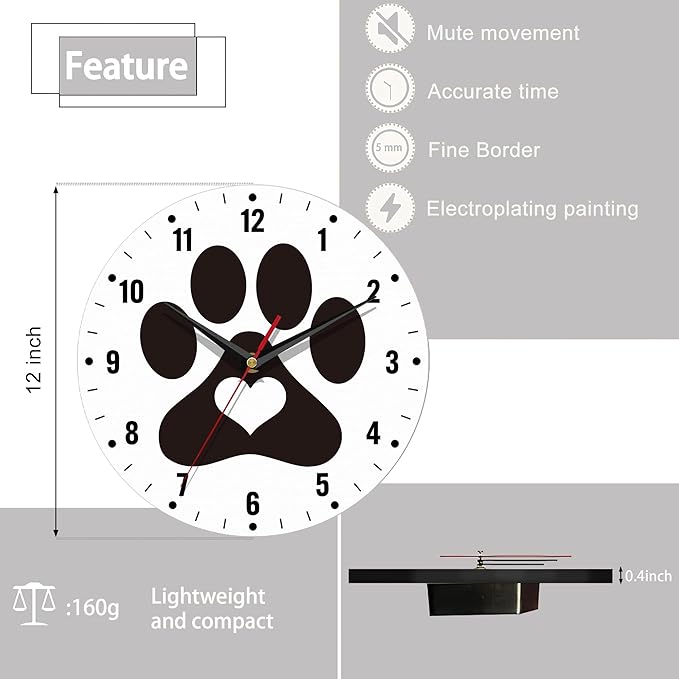 SPUNKER Clock for Bedroom,Black Cat Dog Paw Print Wall Clock Battery Operated 10 Inch,Cute Love Round Clock Silent Non-Ticking Wall Decor for Farmhouse Office Home School Living Room Bedroom