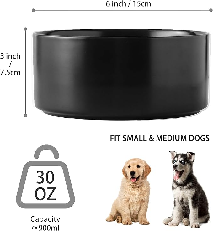 Ceramic Set of 2 Dog Bowls - Classic Dogs Food & Water Bowl for Small and Medium Breed, Heavy-Duty Non-Slip Dog Dishes, Food Grade Pet Bowl, Dishwasher & Microwave Safe (6'', 2*30OZ, Black)