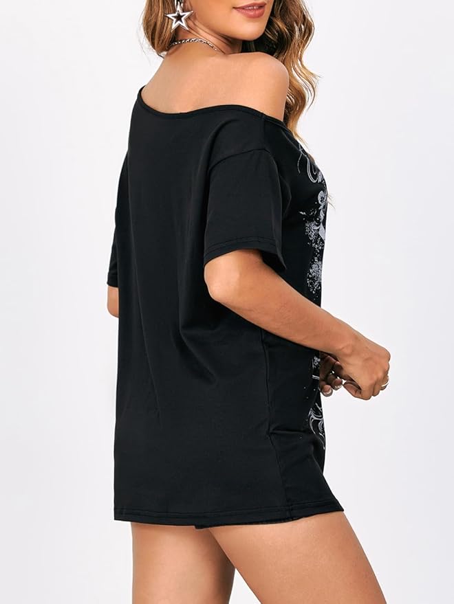 SOLY HUX Women's Off The Shoulder Tops Graphic Tees Y2k Vintage Gothic Oversized T Shirts Streetwear