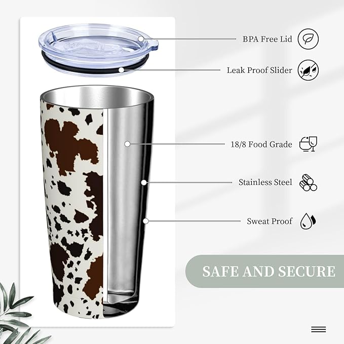Western Cow Print Tumbler with Lid and Straw, 20 Oz Stainless Steel Insulated Brown Cow Water Bottle Cup Coffee Mug