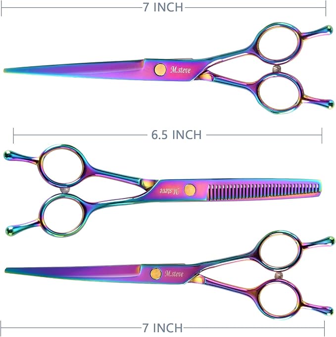 Dog Grooming Scissors kit 7 in 1 Professional Pet Cat Hair Cutting Shears At Home Including Straight Curved Thinning Scissors with Safety Round Tip, Comb