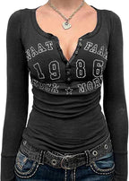 Xineicy Women's Y2K Long Sleeve Henley Tops Casual T-Shirts for Women Slim Fit Vintage Graphic Crop Tops