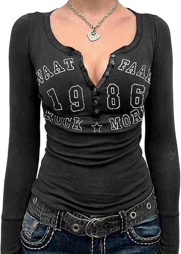 Xineicy Women's Y2K Long Sleeve Henley Tops Casual T-Shirts for Women Slim Fit Vintage Graphic Crop Tops