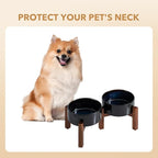 Ceramic 6.1inch Raised Double Dog Bowls Set with Acacia Wood Stand, 2 Heights Elevated, Food & Water Bowls for Small Dogs(28.2oz, Starry Sky)