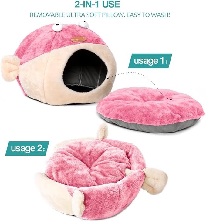 Cat Beds for Indoor Cats - Cat Bed Cave with Removable Washable Cushioned Pillow, Soft Plush Premium Cotton No Deformation Pet Bed, Lively Pufferfish Cat House Design, Pink, Multiple Sizes(S)