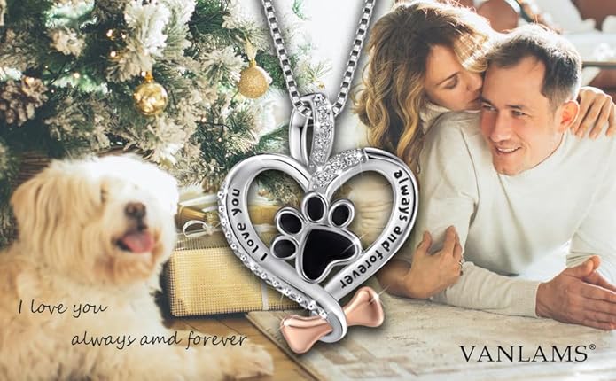 VANLAMS Womens 925 Sterling Silver Bone Love Heart Dog Paw Print Pendant Necklace I Love You Forever and Ever, Gifts for Dog Owner