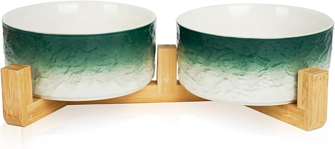 YOBRO Elegant Dog Bowls Set for Medium Dogs, Beautiful Ceramic Stone Alike Style, Pet Bowl Set with Wooden Stand, Non-Slip, Modern Food or Water Breeds Dishs, Gifts for Dog Owners, Green