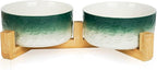 YOBRO Elegant Dog Bowls Set for Medium Dogs, Beautiful Ceramic Stone Alike Style, Pet Bowl Set with Wooden Stand, Non-Slip, Modern Food or Water Breeds Dishs, Gifts for Dog Owners, Green