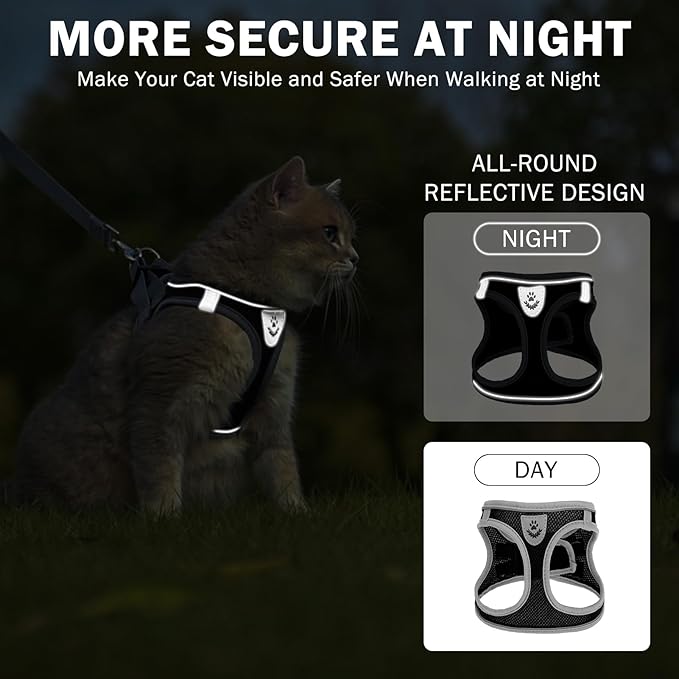 SCENEREAL Cat Harness and Leash Set Escape Proof, Adjustable Soft Air Mesh Kitten Harnesses for Girls Boys Small Medium Big Cats, Reflective Light Travel Pet Walking Vest for Puppy Rabbit, Black XL