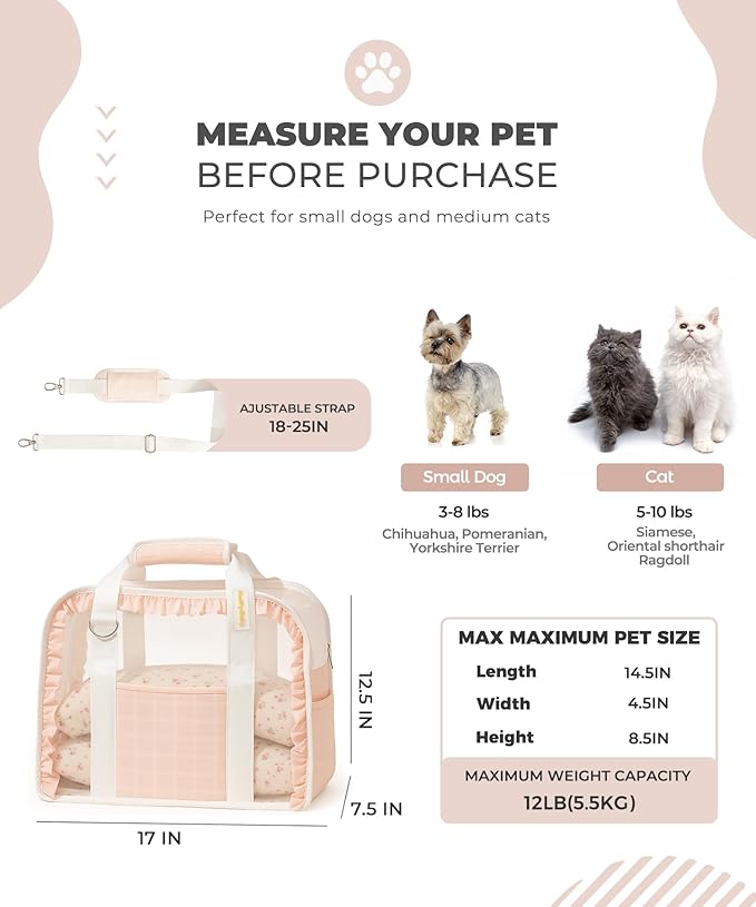 Pet Carrier for Medium Cats, Dog Carrier with Soft-Sided Cat Carriers, Breathable Mesh for Small/Medium Cats Dogs Puppies (Up to 13lbs), Foldable with Safety Buckle for Travel - Pink