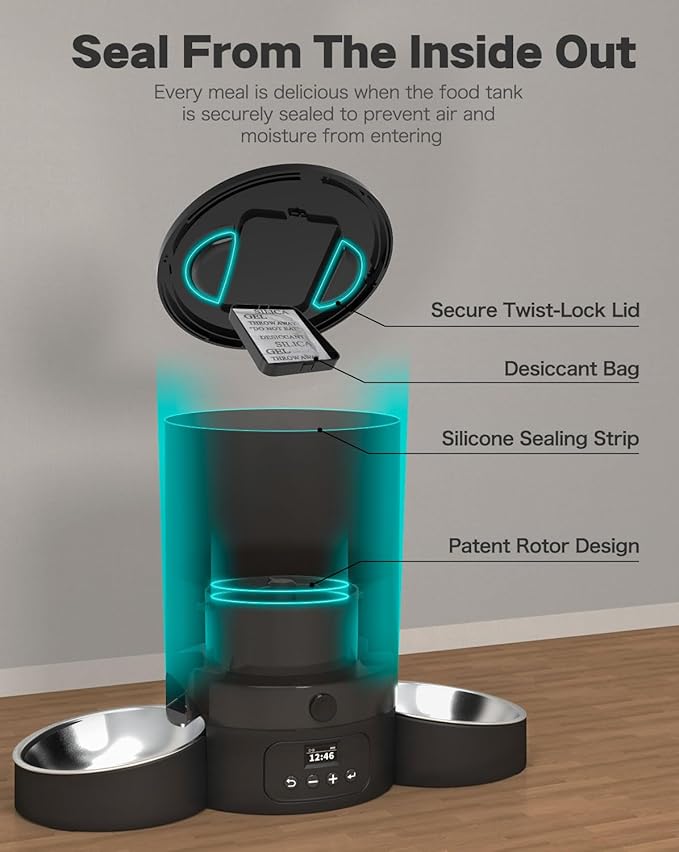 SURDY Automatic Cat Feeder for 2 Cats, 3L Food Dispenser Auto Cat Feeder with 2 Stainless Bowls, 10s Meal Call Dual Power Supply and Timer Setting 12 Portions 6 Meals Per Day for Cats and Dogs