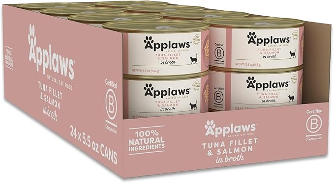Applaws Natural Wet Canned Cat Food, Limited Ingredient, Protein with No Artificial Additives, Tuna Fillet & Salmon in Broth (24 x 5.5oz Cans)