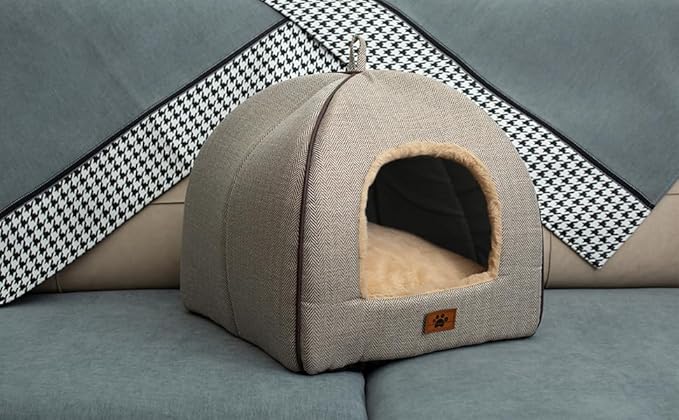 Cat Bed for Indoor Cats - Cat Cave Bed Cat House Cat Tent with Removable Washable Cushioned Pillow, Soft and Self Kitten beds,Cat Beds & Furniture, Pet Bed (Large, Beige)