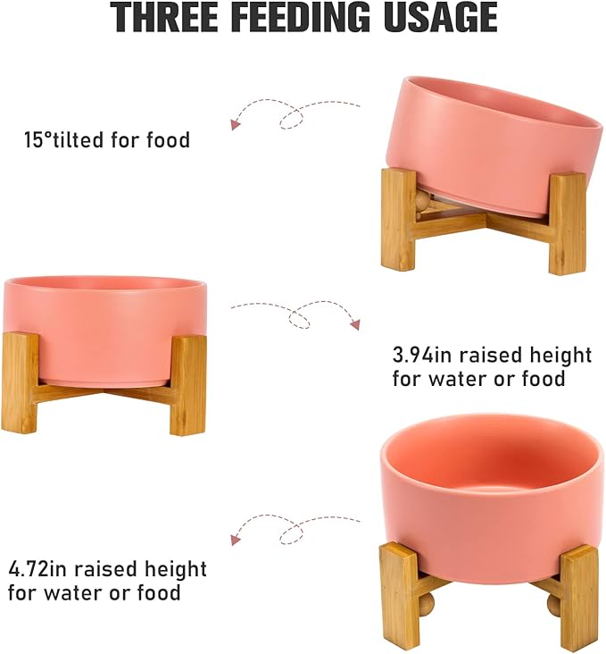 SPUNKYJUNKY 15° Slanted Ceramic Dog and Cat Bowl with Wooden Stand, Tilted Bulldog Food and Water Bowl No Slip Non-Spill for Cats Medium Dogs Big Face Pets 28.7 OZ (3.6 Cups,Pink)