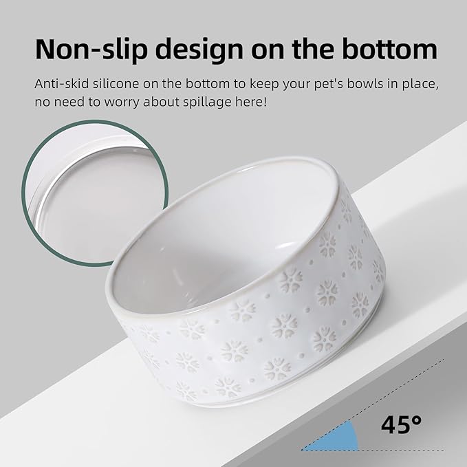 Ceramic 6.1inch Raised Dog and Cat Bowl Set, 2 Heights Elevated with Acacia Wood Stand, Food and Water Bowl for Small Breed Dogs, Weighted Dog Dishes(27oz, Arctic White)