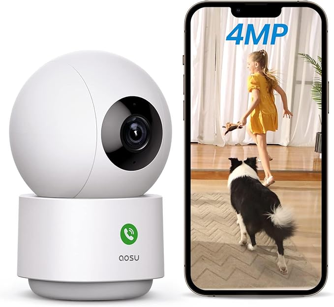 aosu 4MP Security Camera Indoor, 2.5K Baby Monitor Pet Camera 360° for Home Security, WiFi Camera with 5/2.4 GHz Wi-Fi, One-Touch Call, Smart Motion Tracking, IR Night Vision, Compatible with Alexa