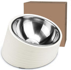 Tilted Angle Dog Bowl, 15° Slanted Stainless Steel Dog Cat Food Bowl, Non-Slip & Non-Spill Pet Feeder with Elevated Detachable Melamine Stand, Easy to Get Food Dish, Large 2 Cup White
