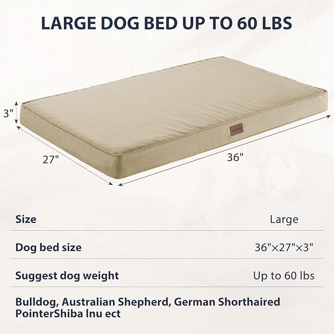 BFPETHOME Outdoor Dog Bed for Large Dogs, Waterproof, Orthopedic with Removable Washable Cover, Egg Crate Foam Mat (36 x 27in, Beige)