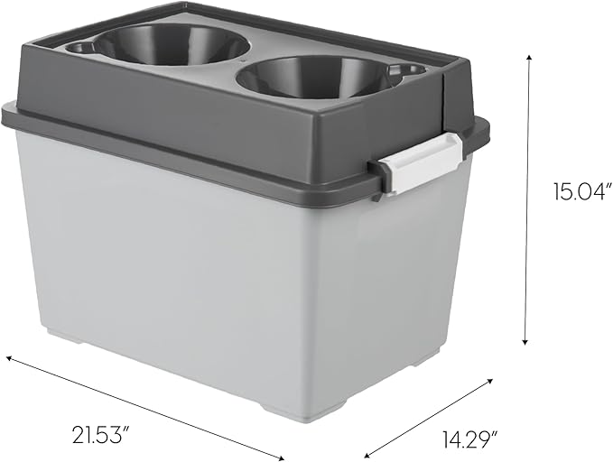 IRIS USA Elevated Dog Bowls, 15" H Raised Bowl for Large Dogs, Airtight Pet Food Storage Holds Up to 47 Lbs, 2 Removable 64 oz Stainless Steel Bowls, at Home or Camping, Dark Gray