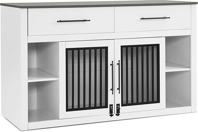 Lovupet Wooden Dog Crate Furniture, Pet House End Table with Large Drawers, Pet Crate for Small/Medium Dogs 1858 (White and Grey)