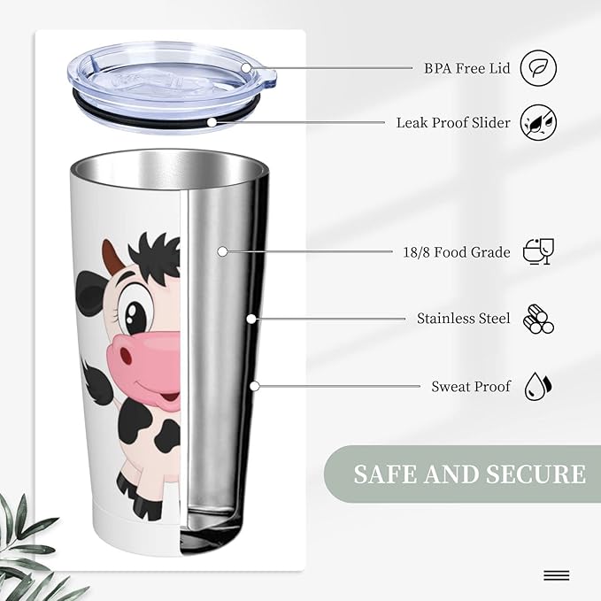 Dujiea 20oz Tumbler With Lid And Straw, Cute Cartoon Milk Cow Vacuum Insulated Iced Coffee Mug Reusable Travel Cup Stainless Steel Water Bottle