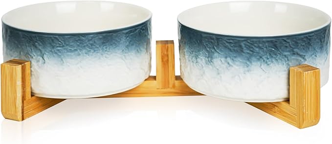 YOBRO Elegant Dog Bowls Set for Medium Dogs, Beautiful Ceramic Stone Alike Style, Pet Bowl Set with Wooden Stand, Non-Slip, Modern Food or Water Breeds Dishs, Gifts for Dog Owners, Blue