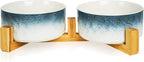 YOBRO Elegant Dog Bowls Set for Medium Dogs, Beautiful Ceramic Stone Alike Style, Pet Bowl Set with Wooden Stand, Non-Slip, Modern Food or Water Breeds Dishs, Gifts for Dog Owners, Blue