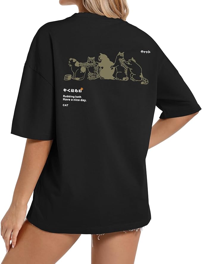 Cute Cat Graphic Tees for Women Harajuku Shirt Letter Printed Oversized T Shirts Aesthetic Casual Baggy Tshirts…