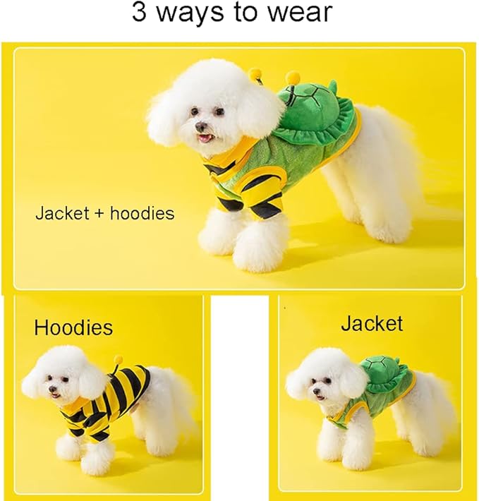 2 PCS Funny Warm Small Dog Clothes Halloween Pet Bee Costume Winter Puppy Hoodies and Vest Sets Flannel Jacket with D-Ring for Cats Dogs (Green, Large)