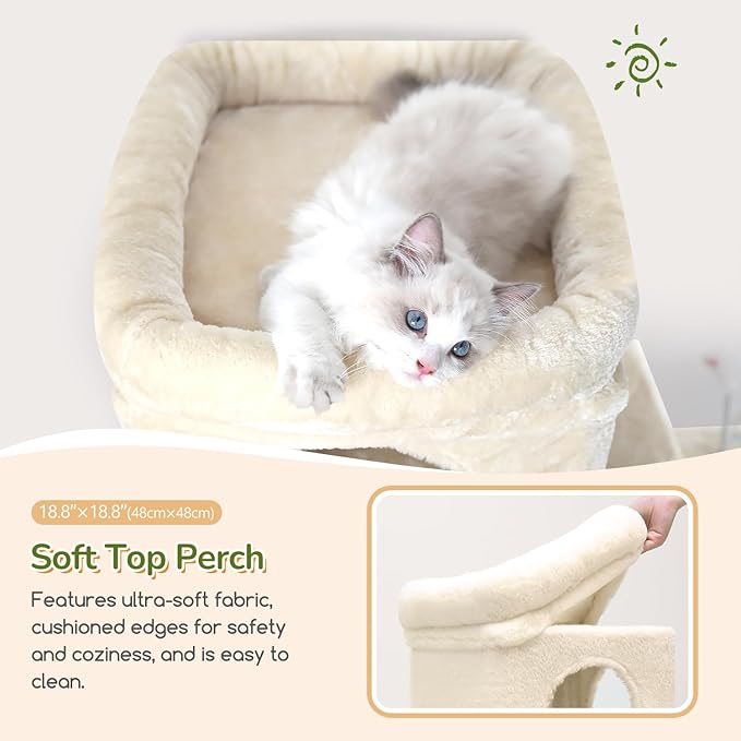 Globlazer Cat Tree Tower for Indoor Cats, 52in Multi-Level Heavy Duty Cat Tower with 4 Scratching Posts, Ladder, Sturdy Cat Tree with 3 Cat Condos for Adult Cats Kittens, Hanging Basket, F52B, Beige