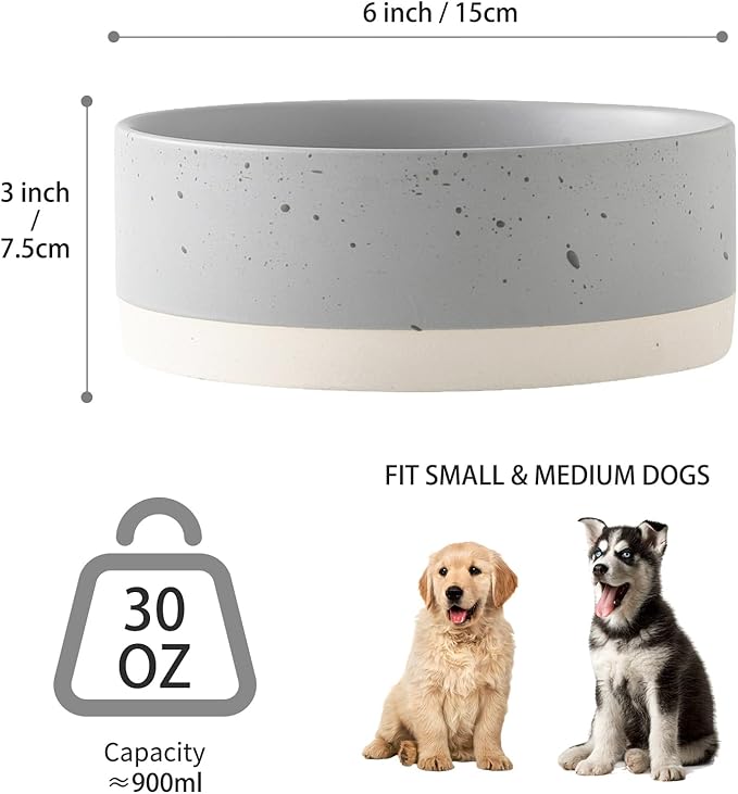 Oslo Ceramic Dog Bowl - 6'' Dog Food Water Bowl for Medium and Large Dogs, Heavy Duty Non-slip Dog Dish, Modern Scandi-Style Stoneware Pet Feeder Bowl, Dishwasher Safe (30Oz, Grey)