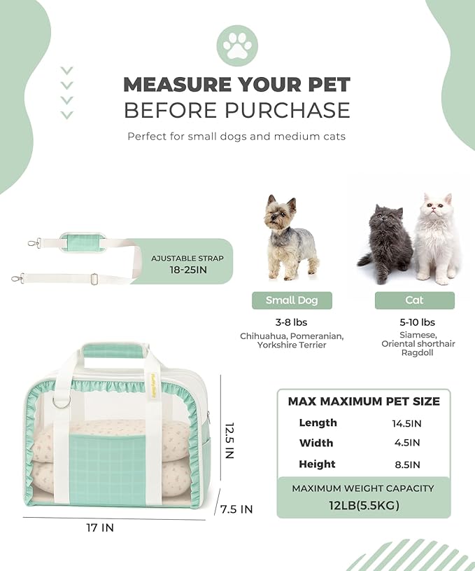 Pet Carrier for Medium Cats, Dog Carrier with Soft-Sided Cat Carriers with Breathable Mesh for Small/Medium Cats Dogs Puppies (Up to 13lbs), Foldable with Safety Buckle for Travel - Green