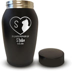 Personalized Custom Small Keepsake Urn Engraved with Pet Name, Date and Cat Design - 5.2" Black Powder Coated Steel Cremation Urn for Cat Ashes | 12-16 lb Capacity, Silhouette Inside Heart Shape