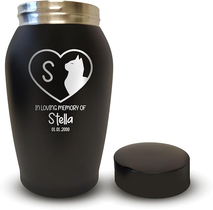 Personalized Custom Small Keepsake Urn Engraved with Pet Name, Date and Cat Design - 5.2" Black Powder Coated Steel Cremation Urn for Cat Ashes | 12-16 lb Capacity, Silhouette Inside Heart Shape