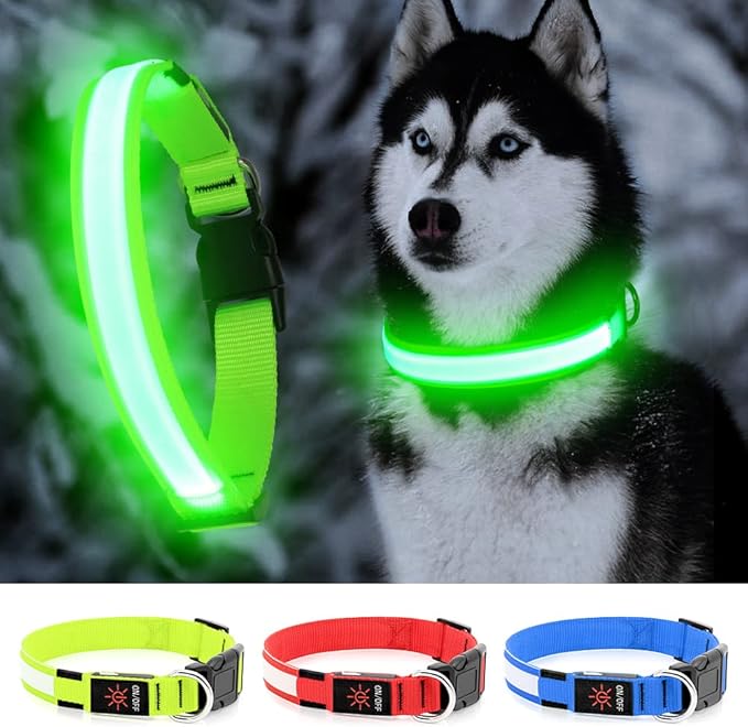 YFbrite Ultra Light Adjustable LED Dog Collar, Light up Dog Collars Rechargeable Glowing in The Dark Collars Visiblity & Safety for Small, Medium, Large Dogs (Green, Medium)