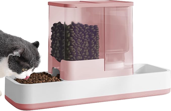 Automatic Small Pet Feeder and Water Dispenser, 2 in 1 Gravity Cat Auto Cat Small Medium Dog Feeder and Waterer Set Dish for Puppy Kitten Pets (Pink)