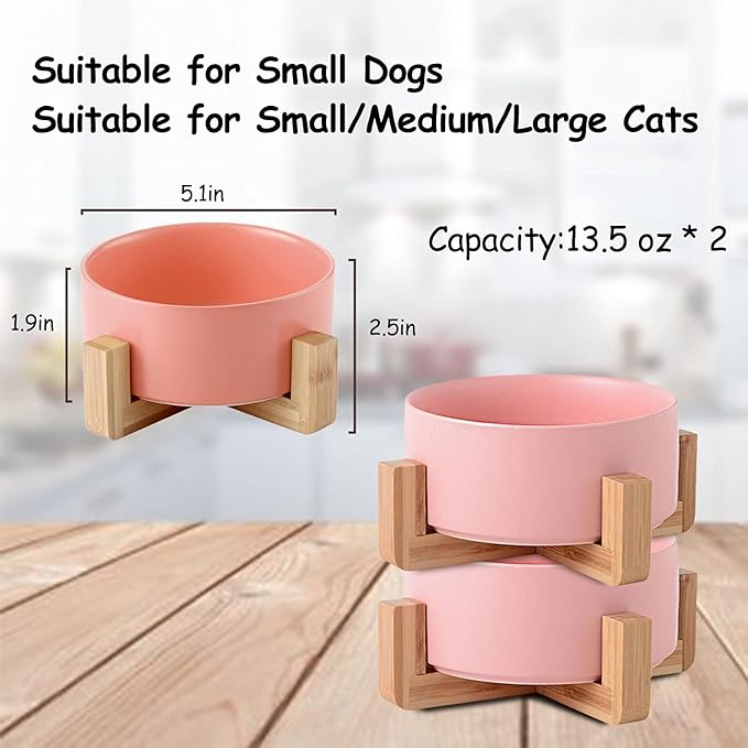 Petygooing Dog Cat Bowl Ceramic Pink Pet Dish with Stand for Food and Water, Modern Cute Matte Glaze Weighted Pet Bowls Set for Cats & Small Size Dogs 13.5 OZ (5.1In / 1.7 Cups) Pink