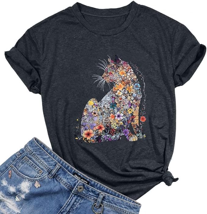 Womens Vintage Graphic Tee Shirt Cat Print Short Sleeve Loose Tunic Tops Gothic Oversized Punk Baggy Shirts