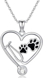 Birthstone Veterinary Stethoscope Necklace 925 Sterling Silver Nurse Vet Pendant with Dog Paw Nurse Jewelry Gifts for Veterinarian Nurse Women Veterinarian Gifts