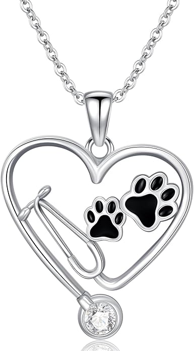 Birthstone Veterinary Stethoscope Necklace 925 Sterling Silver Nurse Vet Pendant with Dog Paw Nurse Jewelry Gifts for Veterinarian Nurse Women Veterinarian Gifts
