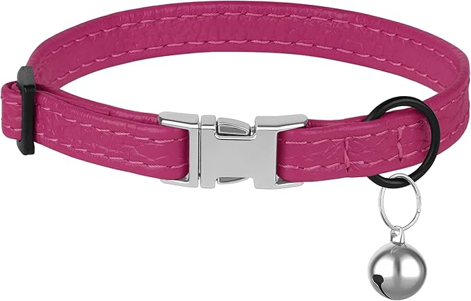 Leather Cat Collar with Buckle and Removable Bell - Non Breakaway Adjustable Soft Safety Small Pet Collars for Girl Boy Cats Kitten (Pink)