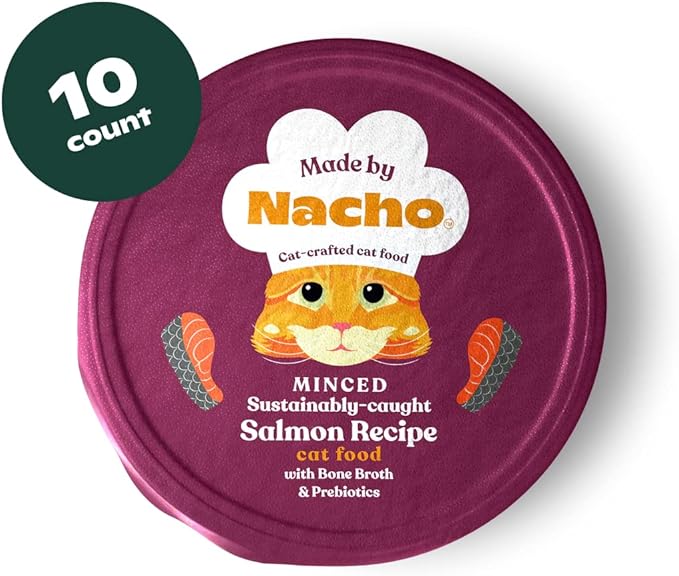 Made by Nacho Wet Cat Food, Sustainably-Caught Minced Salmon in Bone Broth for Hydration, Digestive Health, High Protein, 2.5 Ounce Cups (10 Pack)
