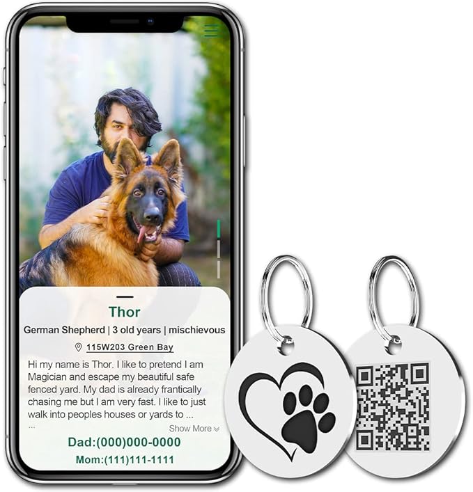 MYLUCKYTAG Stainless Steel QR Code Dog Tags - Scan QR for Instant Pet Location Alerts