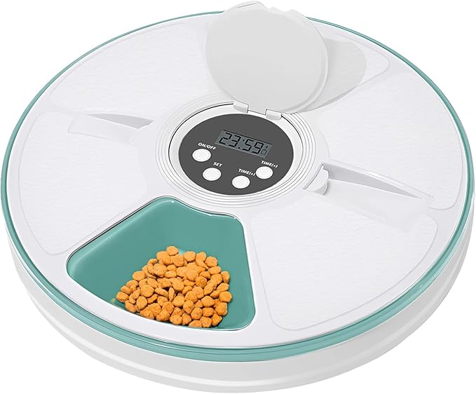 Automatic Cat Feeder, 6 Meal Timed Pet Dispenser Easily Programmable &Easy to Clean, Auto Feeder for Cats/Small Dogs (Green)
