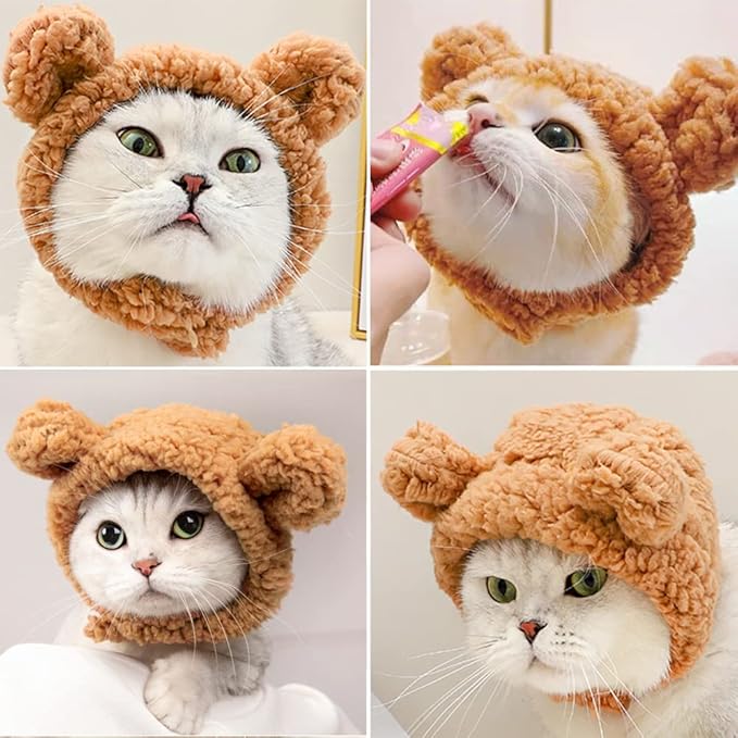 JOICEE Cute Cat Costume Warm Bear Hat Adjustable Soft Small Pet Headwear for Puppy Dog (Brown)